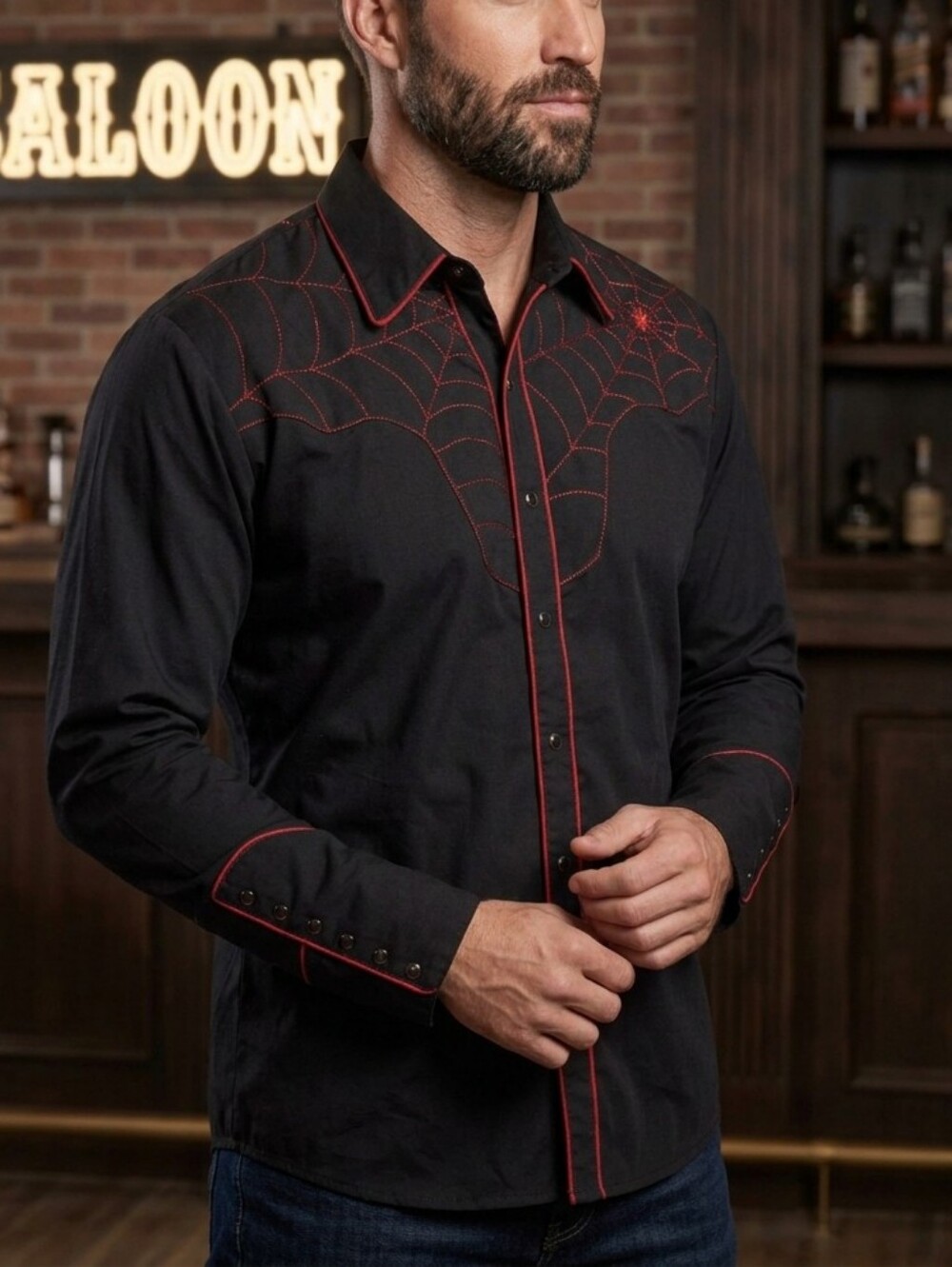Scully Men's Black Long-Sleeve Western Shirt with Red Spiderweb Stitching Size M
